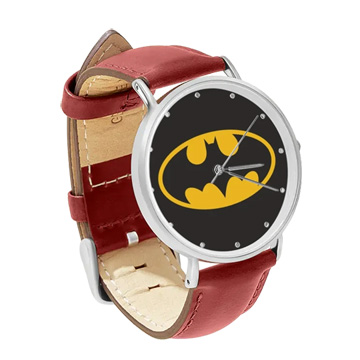 Red Leather Silver Watch : Batman Shield