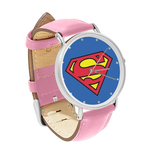 Watch : Superman Shield (pink leather strap, silver case)